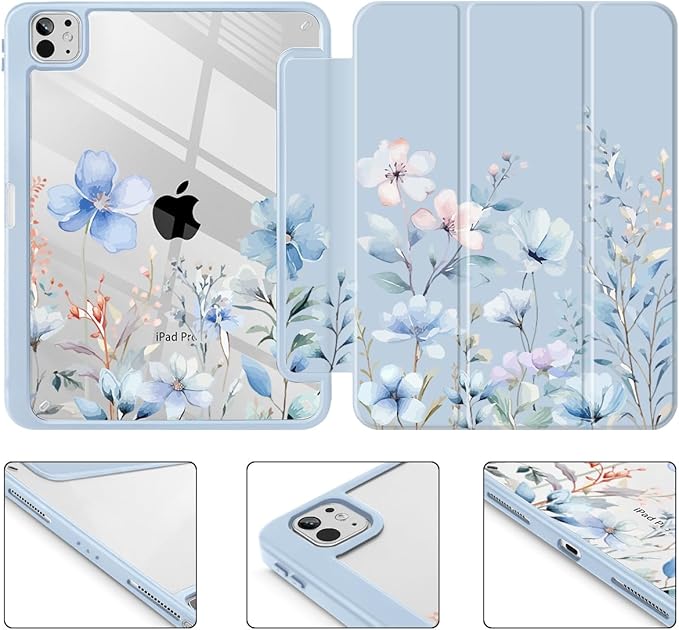 May Chen Case for iPad Pro 11-Inch M5/M4 2025/2024 (6th/5th Generation) Clear Transparent Print Back Shell Slim Stand Shockproof Tablet Cover Auto Wake/Sleep Blue Flowers
