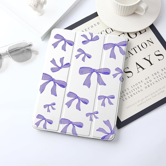 JOYLAND Purple Bow Pad Case for iPad 5th/6th Generation 9.7 Inch - White with Pencil Holder Auto Wake/Sleep Anti-Scratch Shockproof Premium Folio Stand