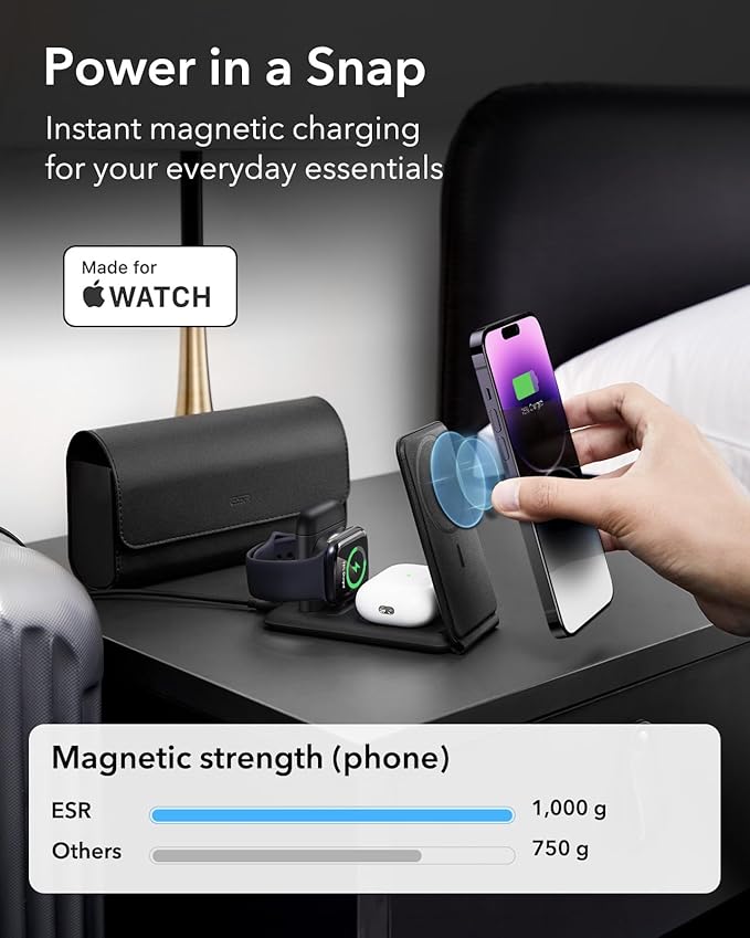 ESR for 3 in 1 Magsafe Charger Travel Charger Stand Made for Apple Watch Certified Foldable Charging Station Compatible with Magsafe and iPhone 17/16/15/14/13/12 AirPods 4/3/Pro Black