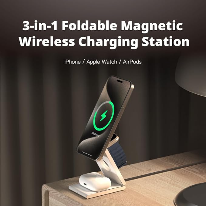ADAM elements Mag Z 3-in-1 Foldable Travel Charging Station Magnetic Wireless Charger for iPhone 17-12 Apple Watch AirPods &amp Samsung Galaxy Watch Compact Stand for Desk &amp Travel (Titanium)
