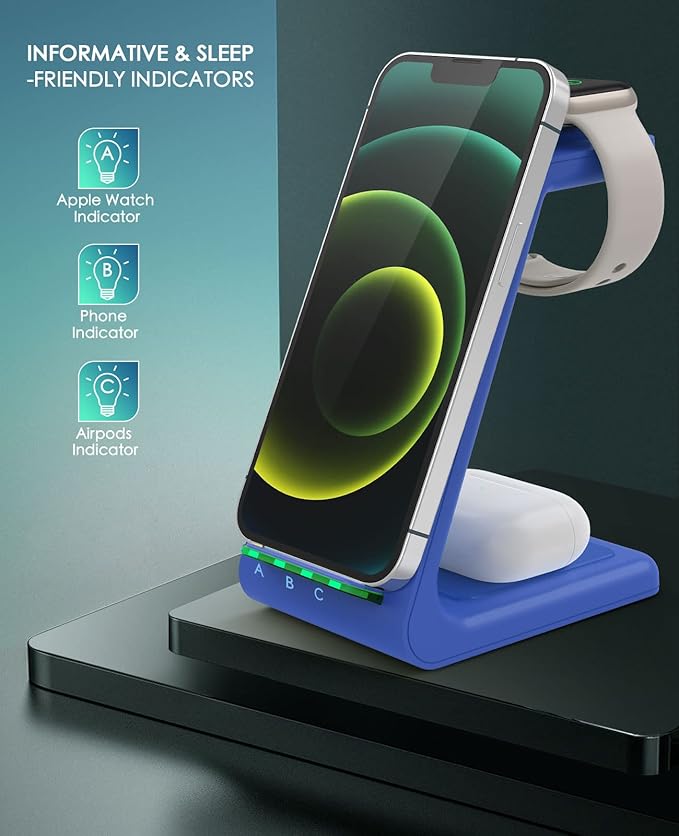 3 in 1 Wireless Charging Station 2026 Upgraded Fast Desk Charger Station for iPhone 17 16 15 14 13 12 Pro Max Plus Charger Stand for Apple Watch 10 9 8 7 6 5 4 3 2 SE Airpods 4 3 2 Pro(Blue)
