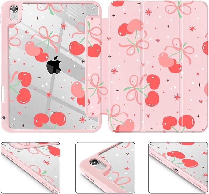 May Chen Case for iPad Air 13 Inch M4 2026 M3 2025 M2 2024 [Built-in Pencil Holder] Shockproof Cover with Clear Transparent Back Shell Auto Sleep/Wake Cover Coquette Cherry