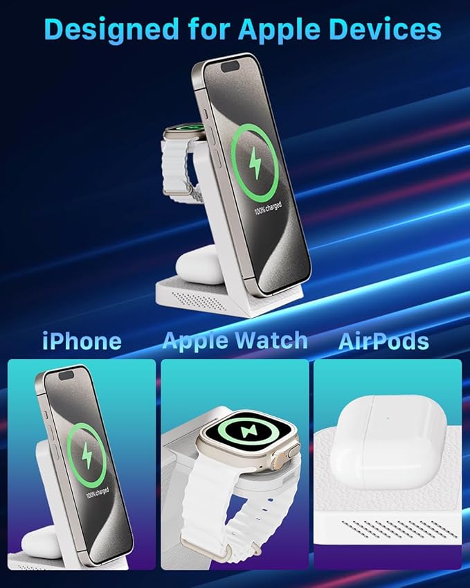 3-in-1 Fast Wireless Charging Station Multiple Devices MagFree Transform 15W Magnetic Travel Charger Stand for iPhone 16/15/14/13/12 5W Apple Watch Fast Charger AirPods - 30W USB-C Charger Included