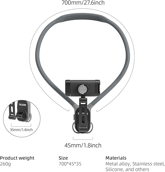 TELESIN° Neck Phone Holder POV/Vlog Neck Mount for Phones with Phone Clip Hands Free Phone Neck Holder w Chest Strap Neck Selfie Mount Video Recording for iPhone Samsung Google Pixel and All Phones