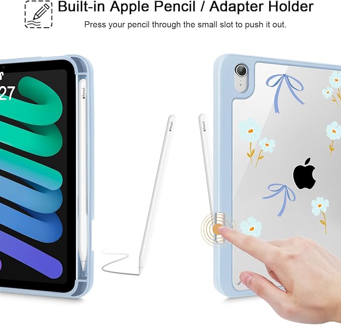Mektron Printed Case for iPad mini 7 (A17 Pro) 2024/ Mini 6 2021 iPad mini 7th/6th Generation 8.3-inch Liquid Retina Display Cover Buit in Pencil Holder with Clear Back Shell Blue Bows &amp Flower