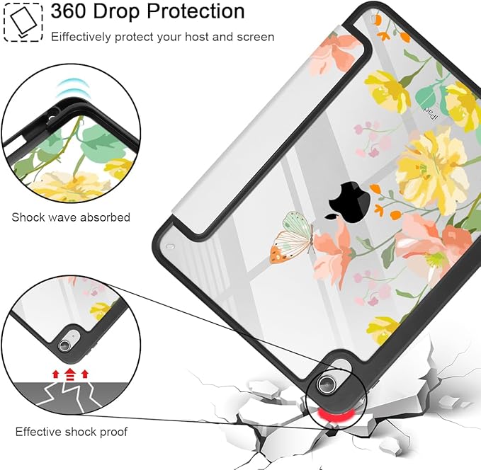 May Chen Case for iPad Air 13 Inch M4 2026 M3 2025 M2 2024 [Built-in Pencil Holder] Shockproof Cover with Clear Transparent Back Shell Auto Sleep/Wake Cover Butterfly Garden