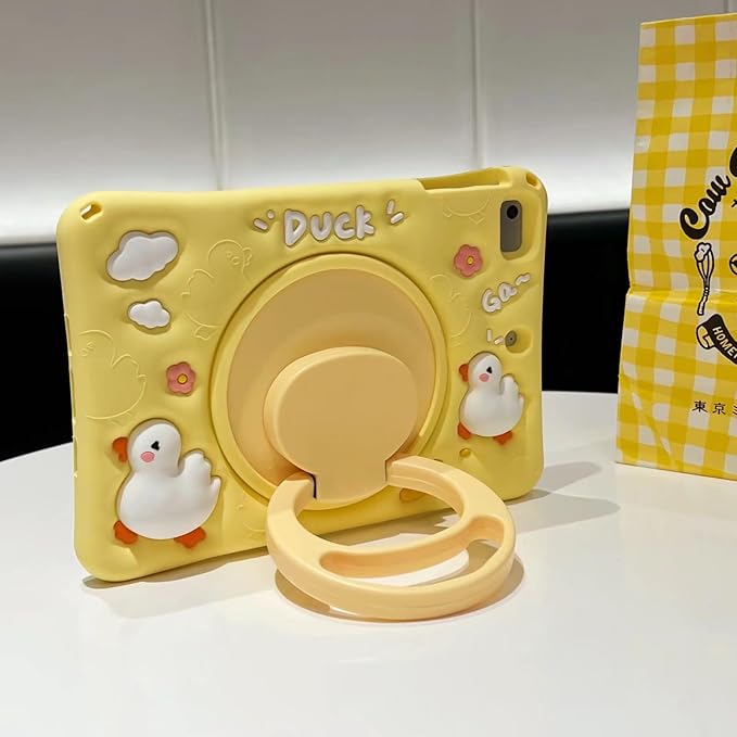 3D Cute Press Duck Case for iPad mini 1st 2nd 3rd 4th 5th Gen 7.9 inchKawaii Cartoon Character Duck Soft Silicone Rotating Stand Case with Lanyard for Kids Teens Girls Women
