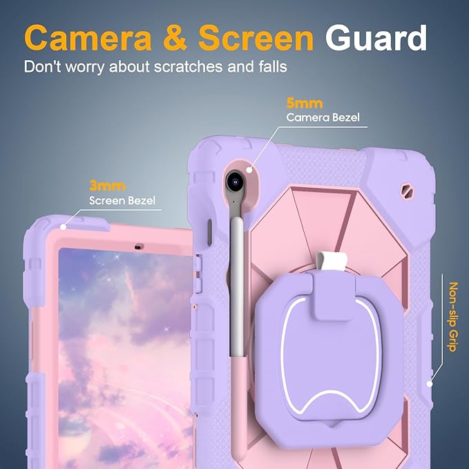 Case for Samsung Galaxy Tab S10 Lite/S10 FE/S9 FE 10.9 Inch Galaxy Tab S9 11 Inch Cute Rugged Galaxy S10 Tablet Cover w/Pen Holder Rotating Stand Shoulder Strap for Kids Girls Purple Rose