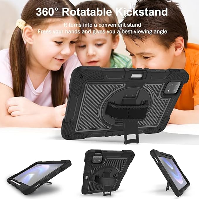 Tablet Case for Xiaomi Pad 6 Pro/Xiaomi Pad 6 23043RP34C 23043RP34G 11.0 inch Tablet Shockproof Cover with 360° Rotating Stand and Wrist Strap Shoulder Strap Completely Black