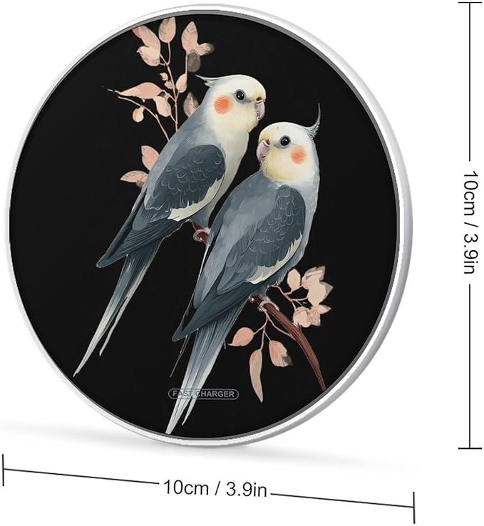 Two Cockatiels Bird Fast Portable Charger 10W Funny Graphic Phone Charging Pad with USB Cable