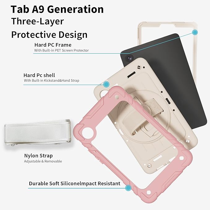 Case for Samsung Galaxy Tab A9 Case 8.7 Inch 2023 with 360 Rotating Hand Strap &amp Shoulder StrapProtective Case for Galaxy Tab A9 8.7 Tablet SM-X110/X115/X117 (Pink+White)