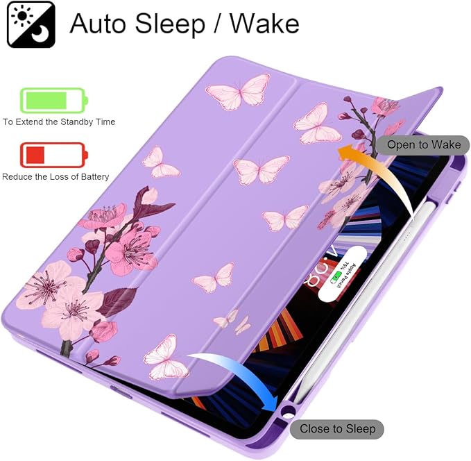 May Chen for iPad Pro 11 inch M2 4th Generation 2022 iPad Pro 11 3rd/2nd/1st Gen Case with Transparent Shockproof Back Cover [Built-in Pencil Holder Auto Sleep/Wake Pink Cherry Blossom