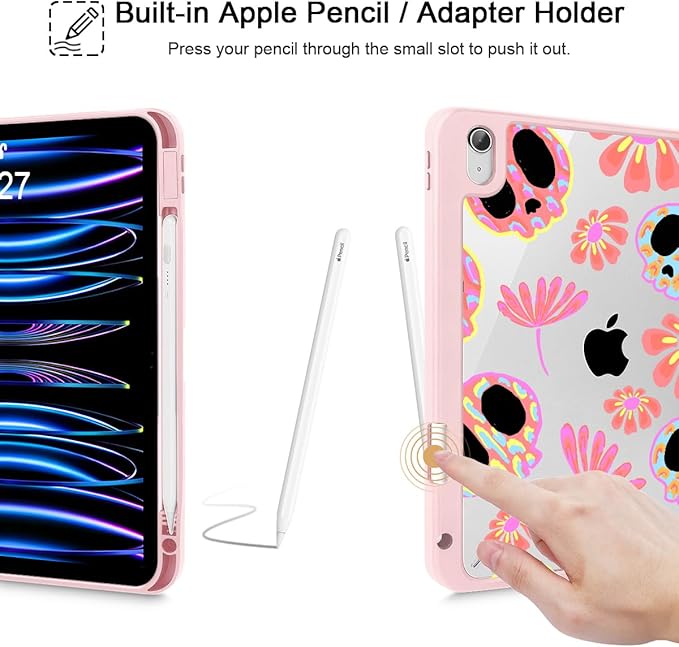 Mektron Case for 2026 iPad Air 13 inch M4 Cover Compatible 2025 iPad Air 13 inch M3 2024 iPad Air 13 inch M2 with Pencil Holder Shockproof Clear Shell Skull &amp Flowers Pink