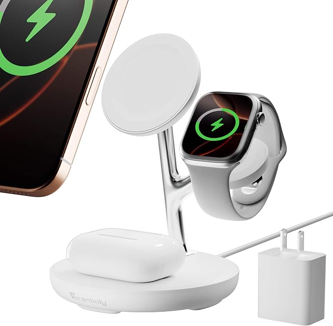 3-in-1 Magnetic Wireless Charger for iPhone 12-16Fast Charging Station for Apple Watch &amp AirPods | MagSafe Desktop Dock 360° Adjustable Stand