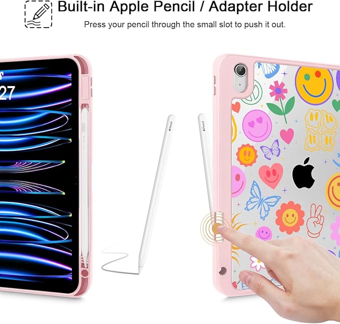 May Chen for iPad (A16) 11th Generation Case 11 Inch 2025 iPad 10th Gen Case 2022 10.9 inch Built-in Pencil Holder with Shockproof Cover Clear Back Shell Auto Wake/Sleep Smile Pattern