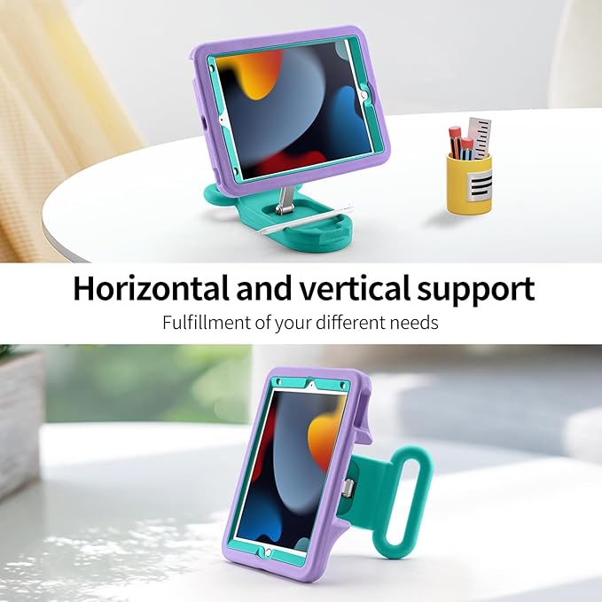 Kids Case for iPad 9th Gen 2021/ iPad 8th Gen 2020/ iPad 7th Gen 2019 Adjustable Portrait/Landscape Stand Drop Proof with HandleChild Friendly Cover for iPad 10.2 Inch (PurpleGreen)