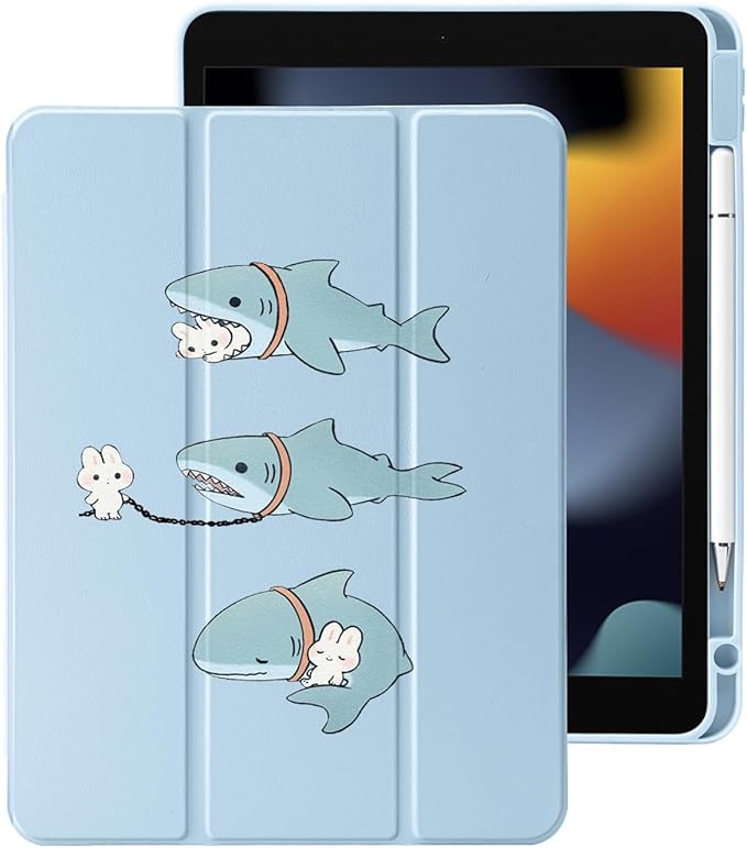 Cute Kawaii Shark Bunny for iPad Air 11 Inch Case 7th/6th Generation (M3/M2) 2025/2024 with Pencil Holder Auto Sleep/Wake Blue Leather Clear Acrylic Back Cover