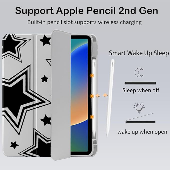 Cute Y2K Star for iPad Pro 11 Inch Case (M5/M4) 2025/2024 with Pencil Holder Auto Sleep/Wake Grey Leather Clear Acrylic Back Cover