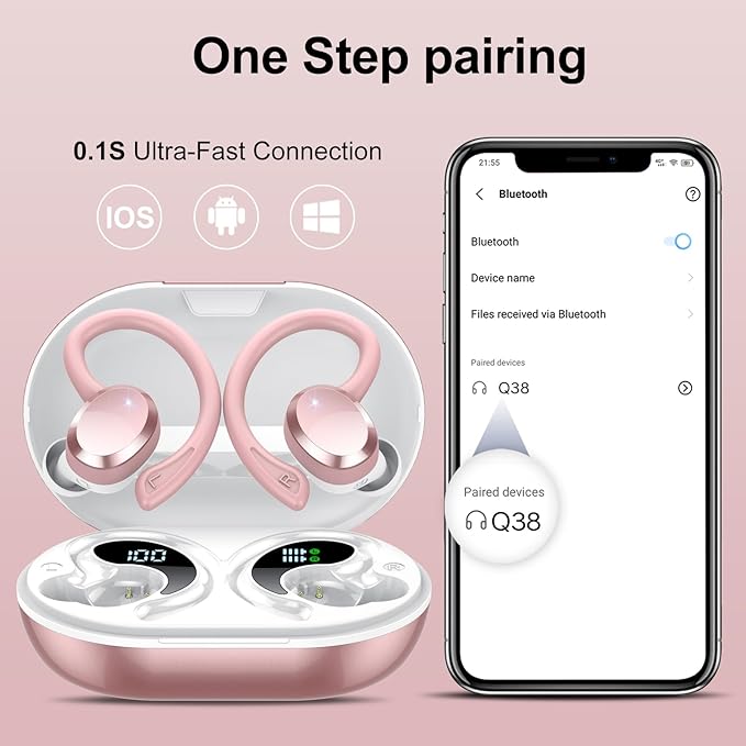 sprtoybat Wireless Earbuds 2026 New Bluetooth 5.4 Headphones Sport Earphones with 68Hrs Playtime LED Display ENC Noise Cancelling Mic IPX7 Waterproof Over Ear Ear Buds with Hook for Sports/Running