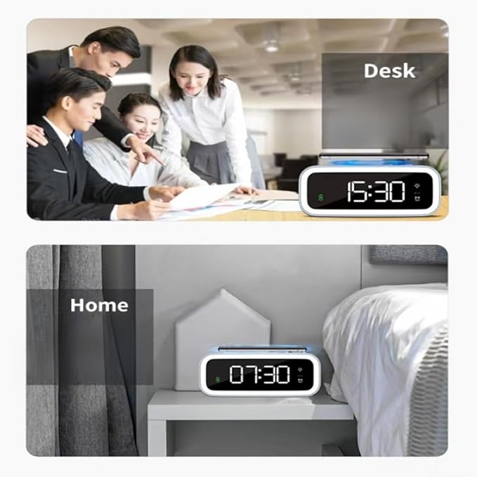 IHAO 5in1 Multi-Functional Alarm Clock with Wireless Charging 15W Fast Charger for Phone &amp Earbuds 3 Group Alarms Dimmable Night Light USB Port Digital Clock Adjustable Light Mini Mirror QXF-80