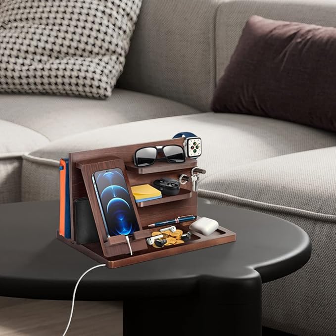 Gifts for Men Bedside Organiser Wood Phone Docking Station Dad Birthday Gifts for Him Nightstand Key Wallet Watch Stand Mens Gifts for Xmas Presents for Dad Husband Boyfriend Anniversary &amp Christm