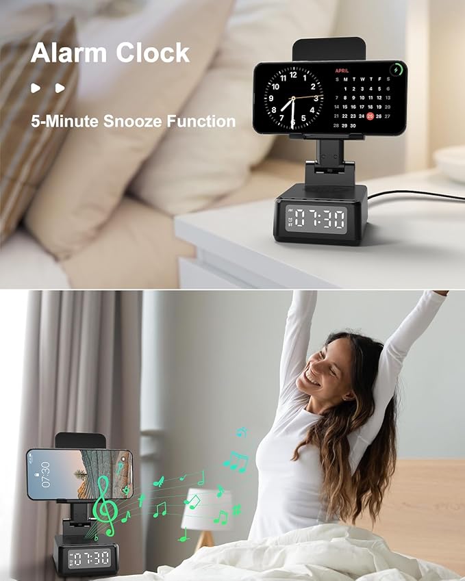 Gifts for Men Cell Phone Stand with Wireless Bluetooth Speaker and Wireless Charger Phone Charger Stand with Digital Alarm Clock for iPhone Birthday Gifts for MenBoyfriendDadWomenChristmas