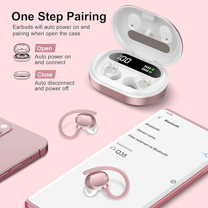 Ear Buds Wireless Earbuds HiFi Stereo Bluetooth 5.3 Running Headphones with Dual LED Display 30Hrs Playtime Built-in Mic Type-C in-Ear Bluetooth Earphones with Earhooks for Sport Rose Gold