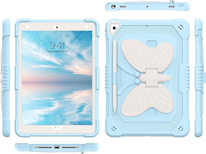 YINLAI Case for iPad 9th 8th 7th Generation 10.2 Inch iPad air 3rd Case with Pencil Holder Butterfly Kickstand Kid Girl Shockproof Protective Cover for iPad 9 8 7 Gen 2021/2020/2019 Blue
