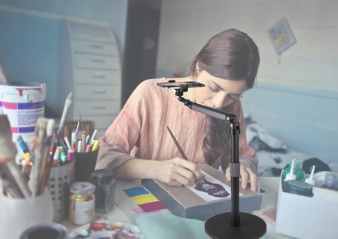 Heavy Duty Overhead Phone Stand for Desk Video Recording for iPhone Holder with Extension Arm 360° Swivel for Filming Meeting Cooking Painting and Crafting