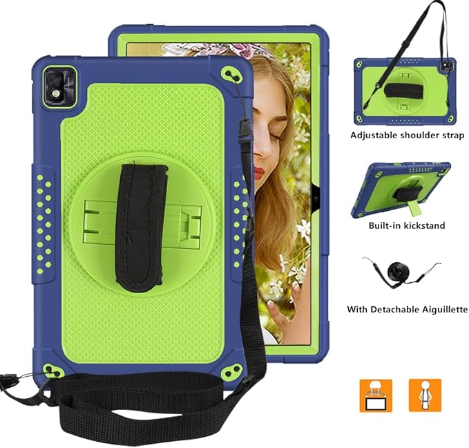 Mignova for TCL Tab Pro 5G Tablet Case Built in Rotating Kickstand/Shoulder Strap Hand Strap Hybrid Shockproof Armor Kids Friendly Case for Nokia T20 / Vastking KingPad M10 10.36 inch (Navy+Green)