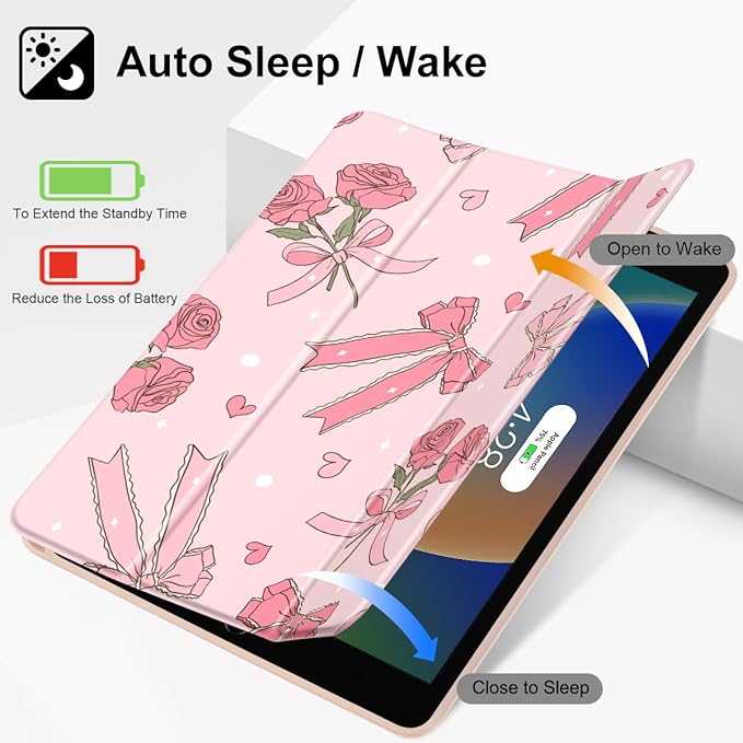 Tuiklol Case for iPad 10.2 Inch 2021 2020 2018 Release 9th / 8th / 7th Generation Built-in Pencil Holder TPU Protective Stand Back Cover Trifold Stand-Auto Wake/Sleep Bow &amp Rose