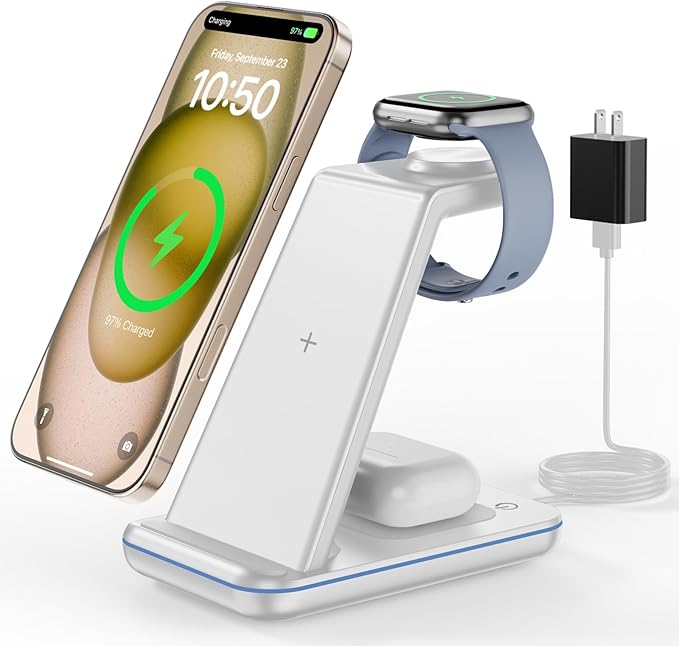 3 in 1 Wireless Charging Station Wireless Charger Stand for Multiple Apple Devices Wireless Charger for iPhone 17 16 15-11 Pro Max XS XR 8 Apple Watch 11 9 8 7 6 SE 5 4 3 2 Air Pods 3/2/Pro