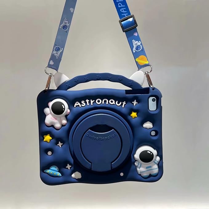 3D Cute Press Astronaut Case for iPad Pro 11 inch/Air 5th 2022/Air 4th 2020 10.9 inchKawaii Cartoon Character Space Soft Silicone Rotating Stand Case with Lanyard for Kids Teens Girls Women