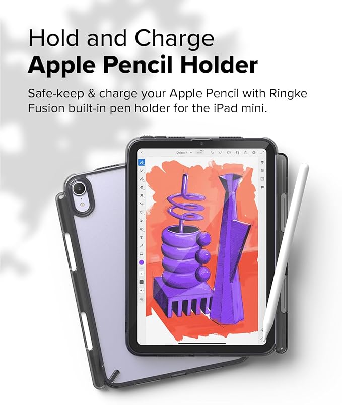Ringke Fusion [Overcharge Prevention] Compatible with iPad mini 6 Case (6th Generation) and iPad mini A17 Pro Case Transparent Hard Back TPU Bumper Cover with Pen Holder - Smoke Black