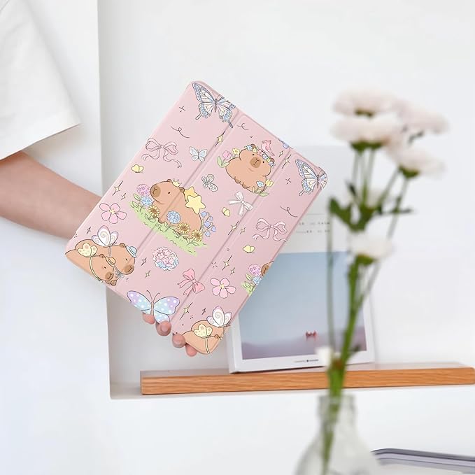 Cute Capybara Butterfly for iPad Air 3 Case with Pencil Holder Auto Sleep/Wake Pink Leather Soft TPU Back Cover for iPad Pro 10.5 Inch 2017