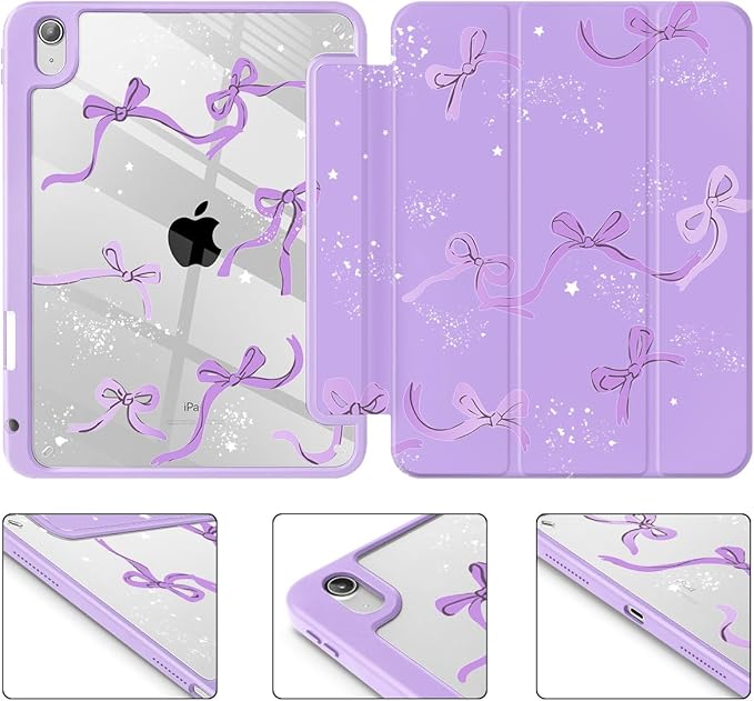 Tuiklol Case for iPad 11 inch (A16 Chip) 2025 Generation 11th / iPad 10.9 inch 2022 10th Gen Buit in Pencil Holder with Shockproof Cover Clear Transparent Back Shell Auto Wake/Sleep Bow-Purple