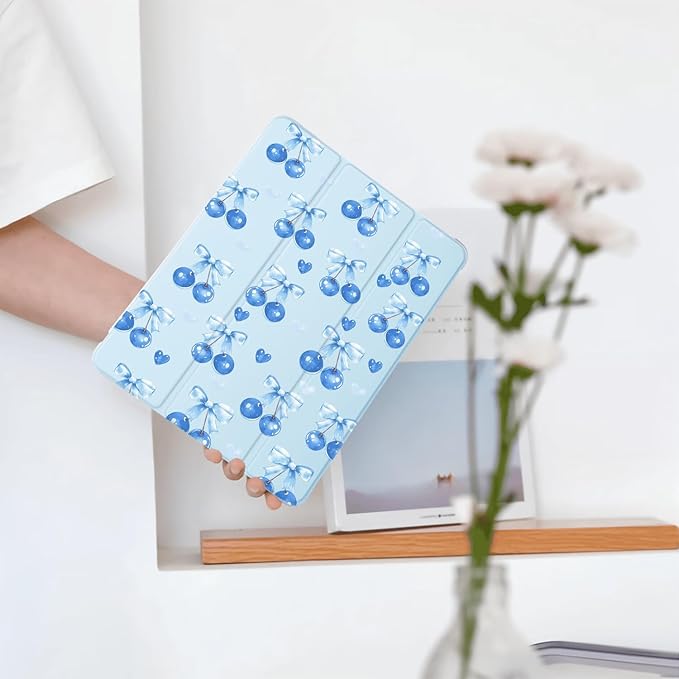 Cute Cherry Bow for iPad Pro 11 Inch Case 4th/3rd/2nd Generation 2022/2021/2020 with Pencil Holder Auto Sleep/Wake Blue Leather Soft TPU Back Cover