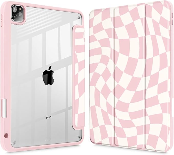 Mektron Case for iPad Pro 11 inch Case M2 2022 Generation 4th Fit 2021 2020 2018 iPad Pro 11 (3rd 2nd &amp 1st Gen) -Buit in Pencil Holder with Shockproof Cover Clear Shell Wave Striped-Pink
