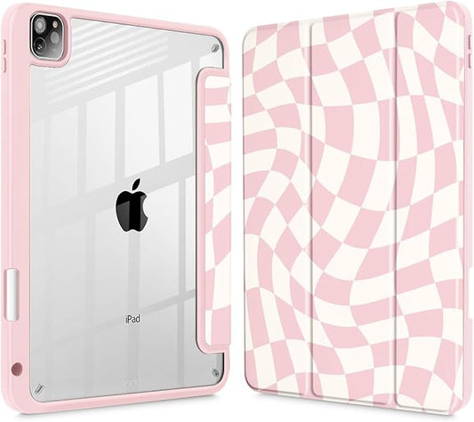 Mektron Case for iPad Pro 11 inch Case M2 2022 Generation 4th Fit 2021 2020 2018 iPad Pro 11 (3rd 2nd &amp 1st Gen) -Buit in Pencil Holder with Shockproof Cover Clear Shell Wave Striped-Pink