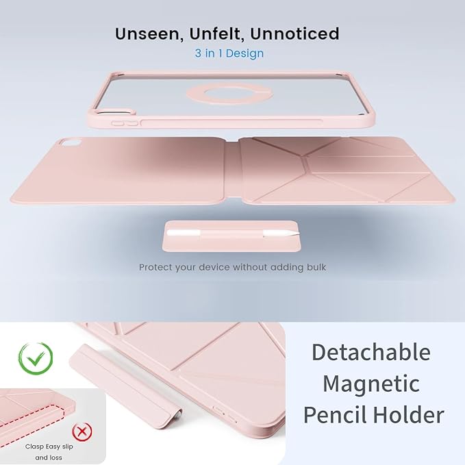for iPad A16 Case 11th Generation 11 Inch 2025 for iPad 10th Generation Case 10.9 Inch 2022 with Pencil Holder Folio Stand Cover Clear Back Magnetic Attachment Multi Angles Pink
