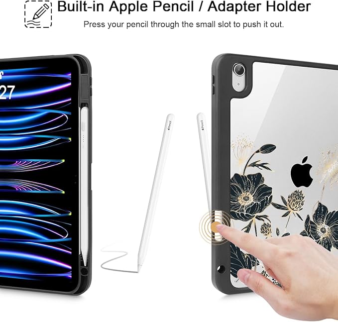 May Chen for iPad Air 11-inch M4/M3/M2 (2026/2025/2024) iPad Air 5th/4th 10.9 Inch - Shockproof Cover with Clear Back Shell &amp Penceil Holder Auto Wake/Sleep Stand Cover Abstract Floral