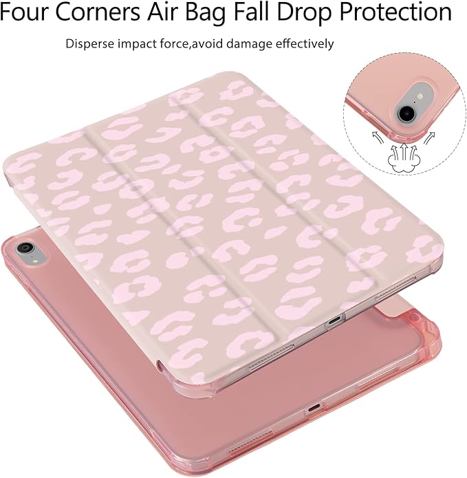 Pink Leopard Print Case for iPad Air 5/Air 4 10.9 Inch (2022/2020) Gen[Pencil Holder+Auto Sleep/Wake]Slim Trifold Stand Protective Cover with Soft TPU BackPink