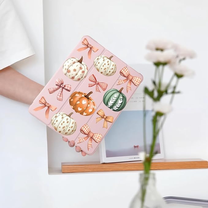 Cute Fall Pumpkin Bow for iPad Pro 12.9 Inch Case 5th/6th Generation 2022/2021/2020 with Pencil Holder Auto Sleep/Wake Pink Leather Soft TPU Back Cover
