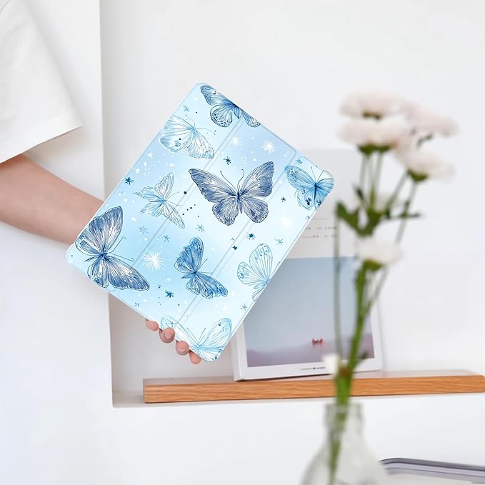 Cute Blue Butterfly for iPad Air 11 Inch Case 7th/6th Generation (M3/M2) 2025/2024 with Pencil Holder Auto Sleep/Wake Blue Leather Soft TPU Back Cover