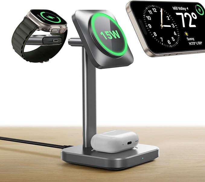 ESR for 3 in 1 Wireless Charging Station Certified Apple Watch Charger 15W MagSafe Charger Stand for iPhone Wireless Charger for Multiple Devices iPhone 17/16/15/14/13 Watch AirPods Grey