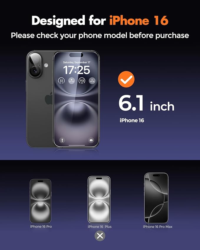 UNBREAKcable iPhone 16 Screen Protector 3-Pack 3 Tempered Glass + 3 Camera Lens Protectors 9H Hardness HD Clarity Anti-Fingerprint Case Friendly 6.1 Inch