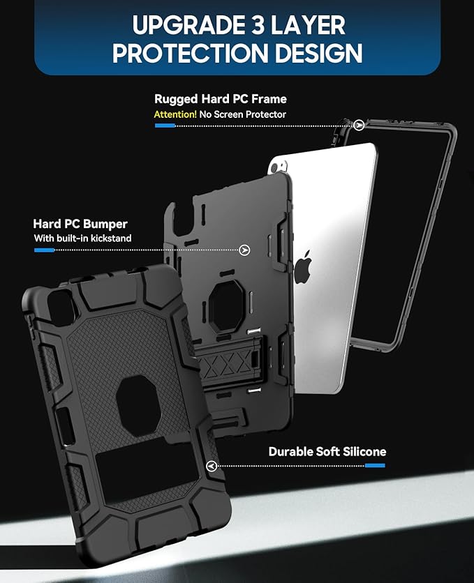 Case for iPad Pro 11 Inch Case (M5 2025/ M4 2024) with Pencil Holder Built-in Stand Military Grade Shockproof Protective Cover for iPad Pro 11 Black