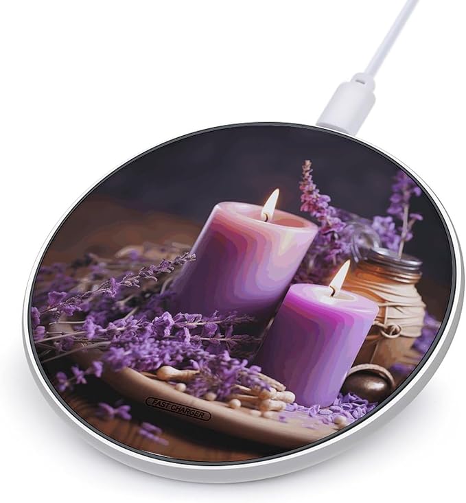 Purple Lavender with Candles Wireless Charger Fast Wireless Charging Pad with USB Cable 10W Anti-Slip Magnetic Wireless Charger Portable Slim Charger Puck Travel Charging Station