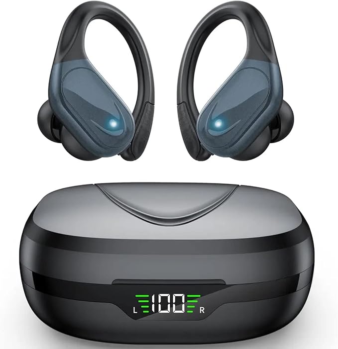 TWS BX 17 Bluetooth 5.3 Wireless Earbuds 48hour Playtime HiFi Headphones Over-Ear Headset Sports IPX7 Waterproof Built-in Microphone Digital Power LED Display Powerful Stereo Bass Earphone (Black)