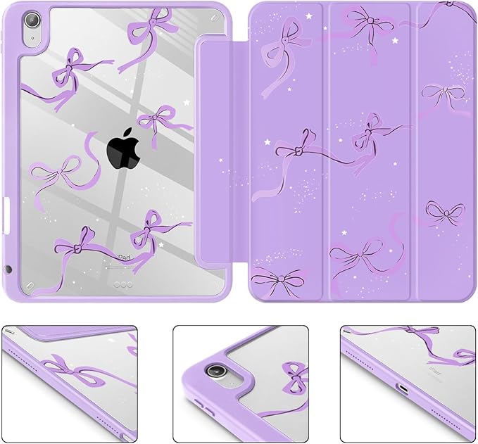 May Chen Case for iPad Air 13 Inch M4 2026 M3 2025 M2 2024 [Built-in Pencil Holder] Shockproof Cover with Clear Transparent Back Shell Auto Sleep/Wake Cover Purple Bows